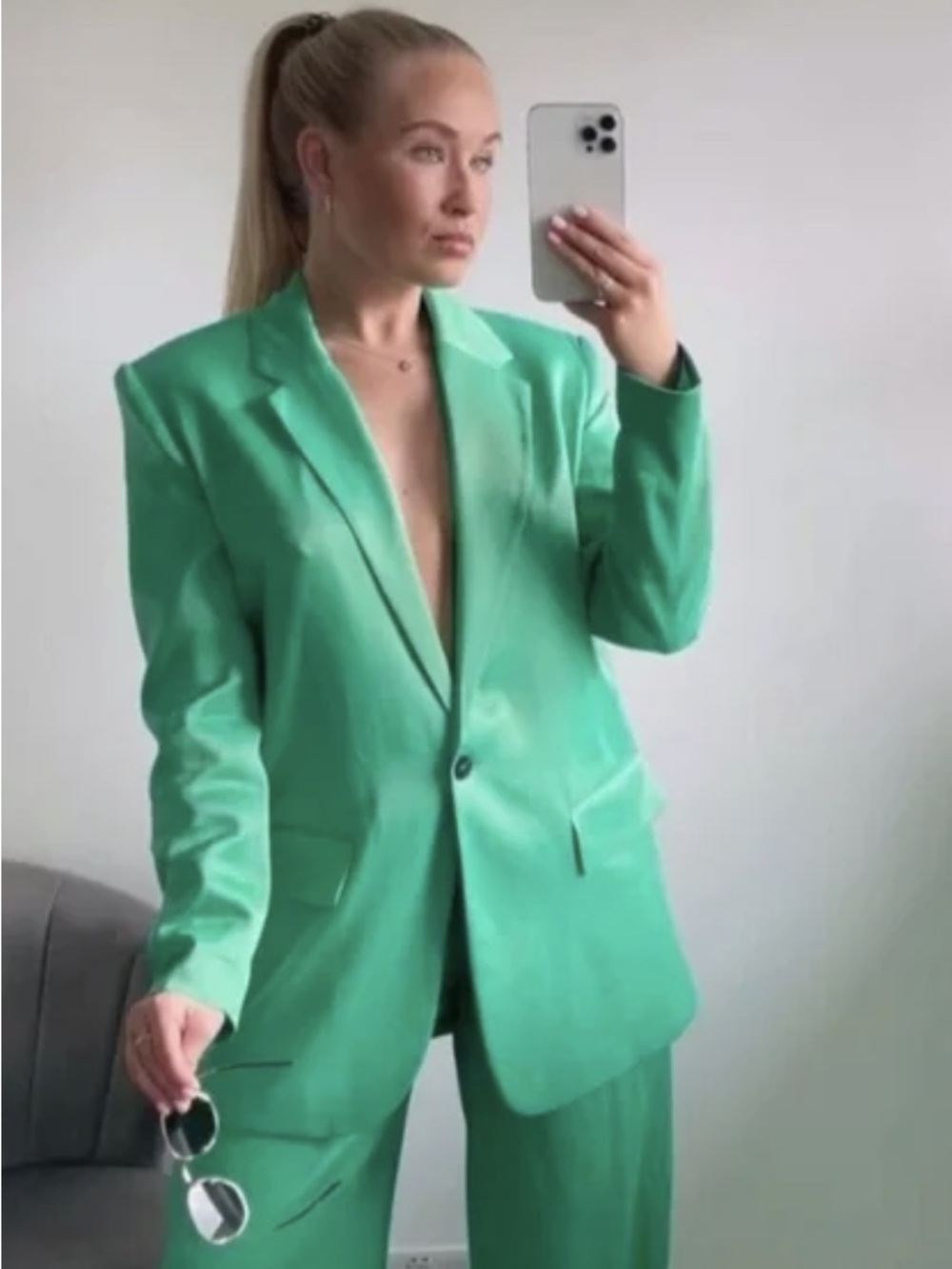 NWT Zara Satin Effect Kelly Green Oversized Blazer
